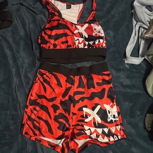 SHEIN Red & Black Graphic Sports Bra and Shorts Set